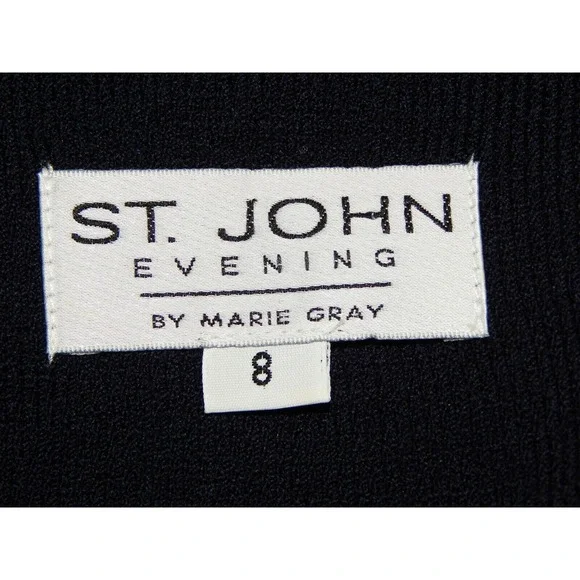 St John Evening sz 8 Navy Blue‎ Ivory Knit Paillette Sequin Full Zip Jacket USA